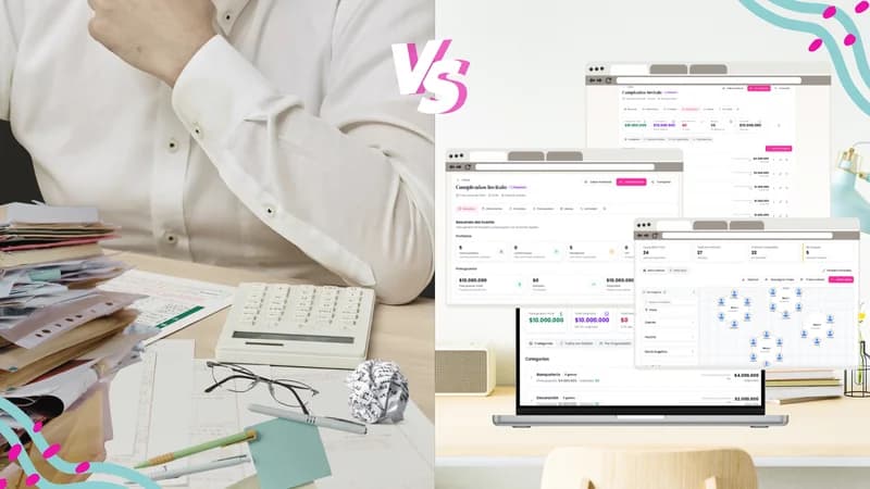 Comparación entre la organización de eventos de forma tradicional, con papeles y desorden en un escritorio, versus Invítalo, la plataforma digital que centraliza presupuesto, invitados y planificación de eventos en un solo lugar.