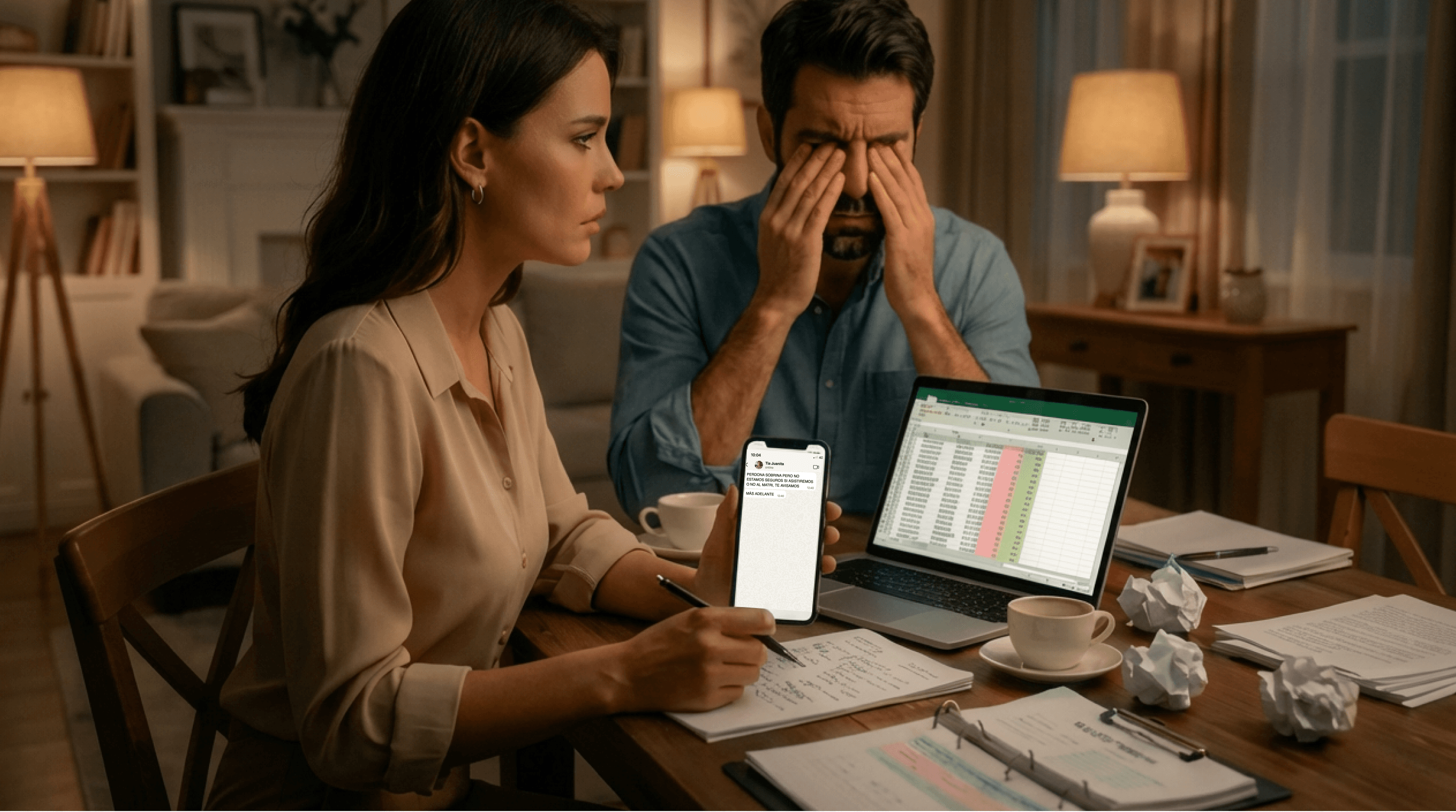 Pareja de novios estresada revisando una lista de invitados en Excel mientras reciben un mensaje de WhatsApp con cambios de última hora; solución de confirmación RSVP digital de Invitalo.cl.
