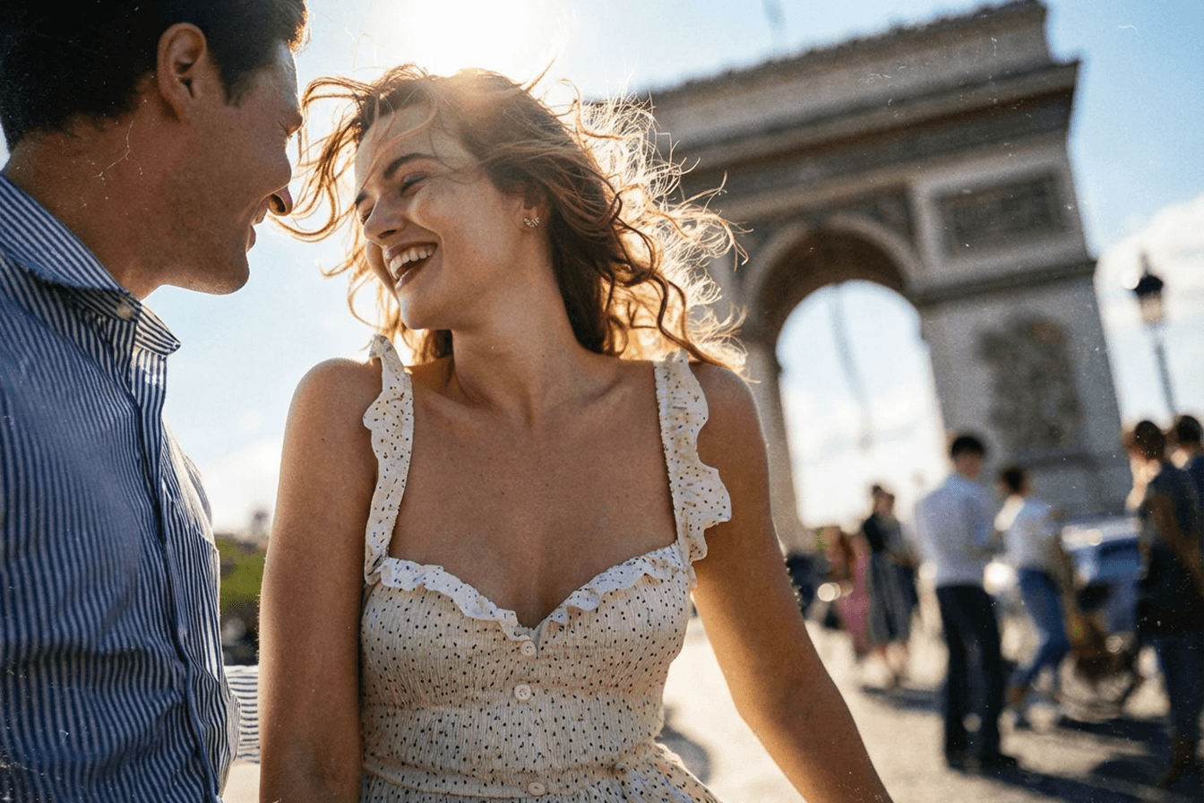 Pareja de recién casados feliz disfrutando su Luna de Miel en el Arco del Triunfo, París, gracias a su lista de regalos en dinero de Invitalo.cl