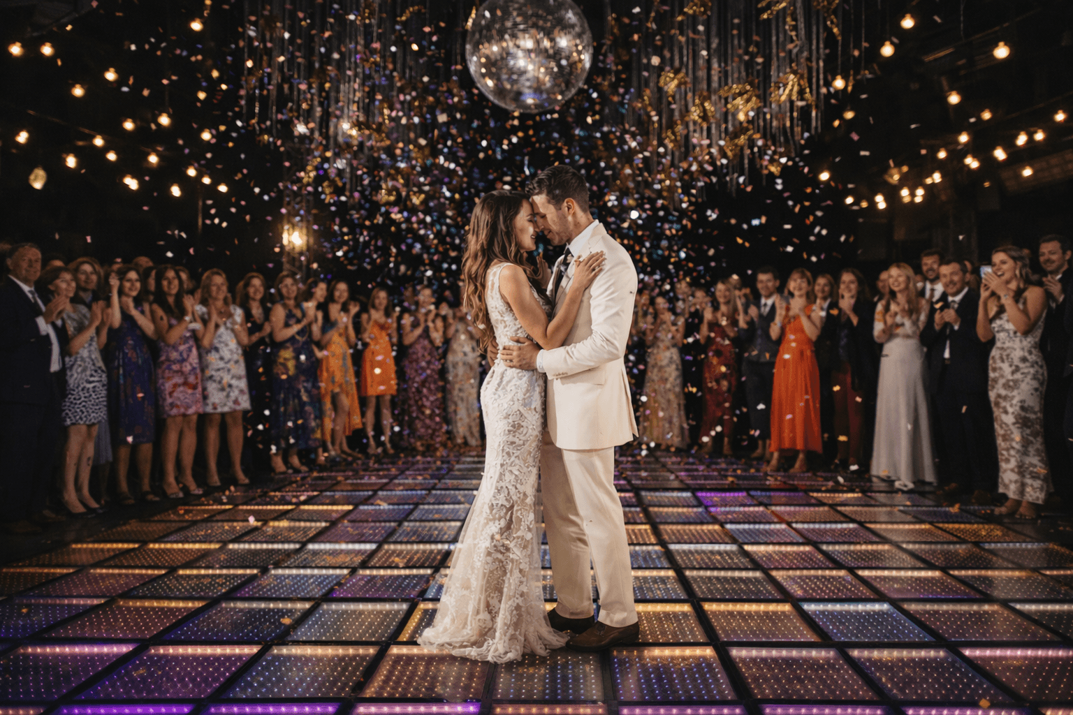 Novios bailando en pista iluminada con confetti, representando los servicios de los DJs más buscados en Chile. 