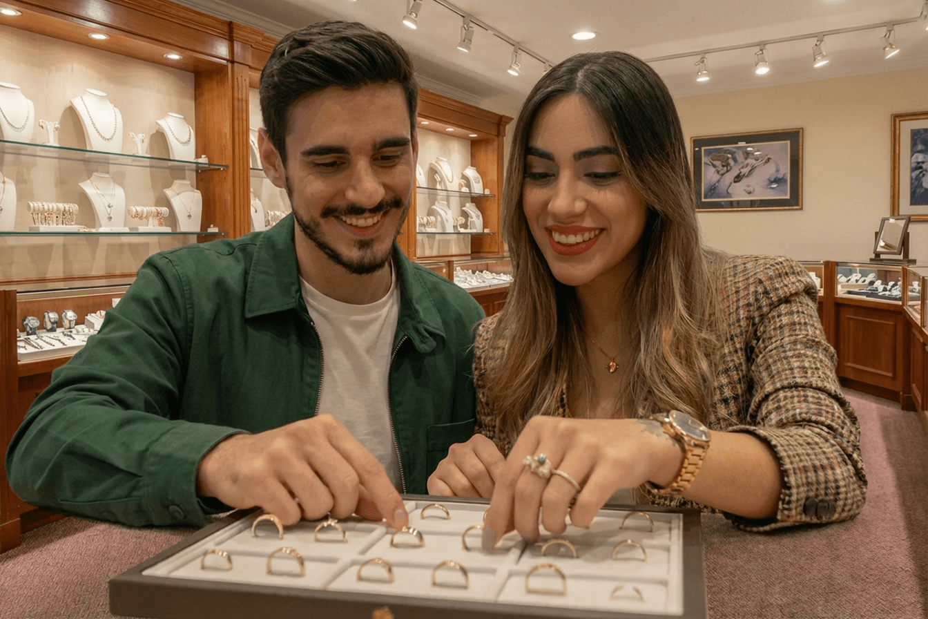 Pareja joven eligiendo anillos de matrimonio en una joyería de Chile, tendencia 2026