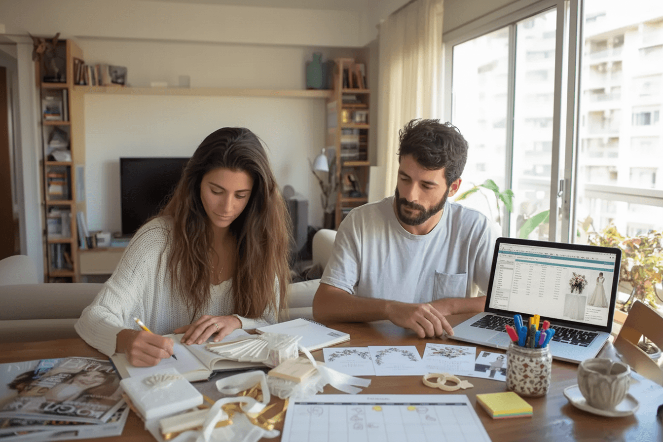 Pareja organizando su matrimonio en Chile desde un sistema digital todo-en-uno. 