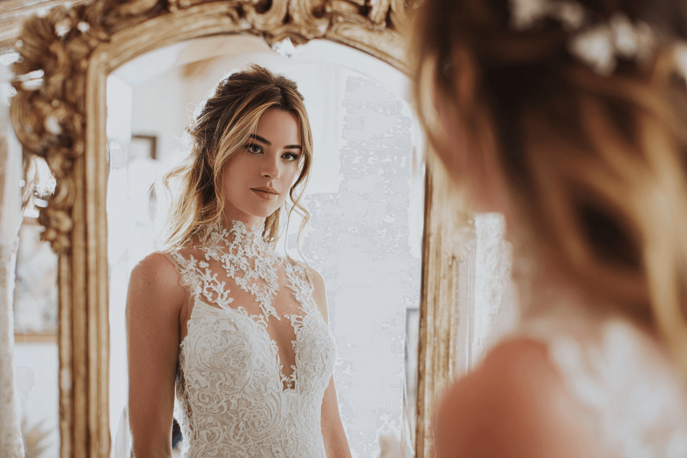 Novia probándose vestido de novia frente al espejo durante su búsqueda en 2026