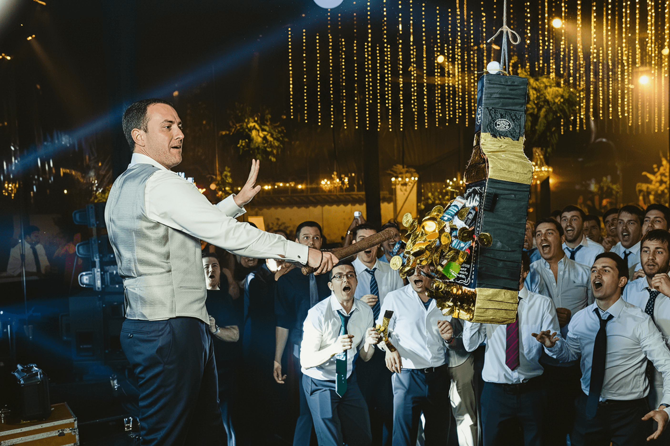 Invitados participando en una piñata para adultos durante la fiesta de un matrimonio en Chile, como parte de una experiencia interactiva.