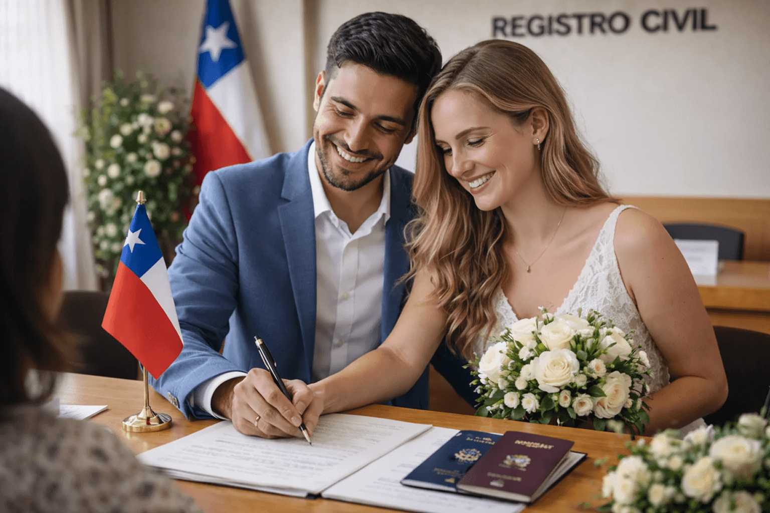 Pareja extranjera firmando su matrimonio civil en Chile ante el Registro Civil