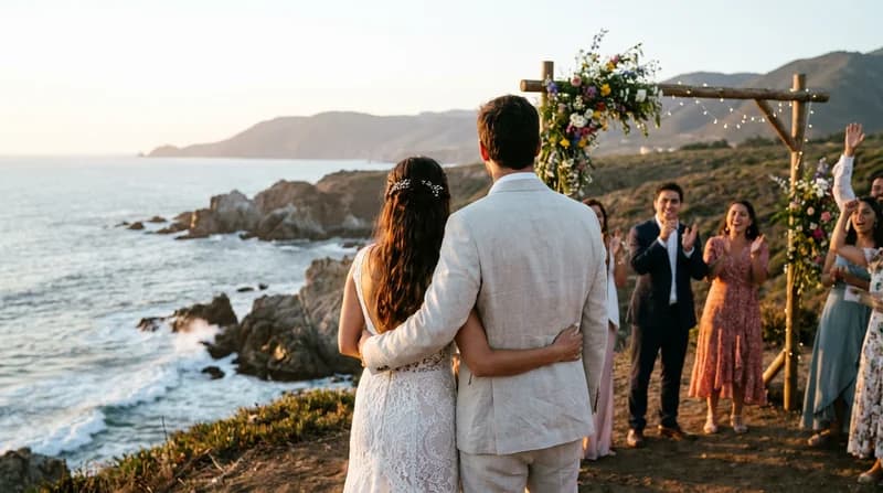 Pareja de novios abrazados frente al mar al atardecer, contemplando un paisaje costero romántico, ideal para matrimonio o sesión preboda.