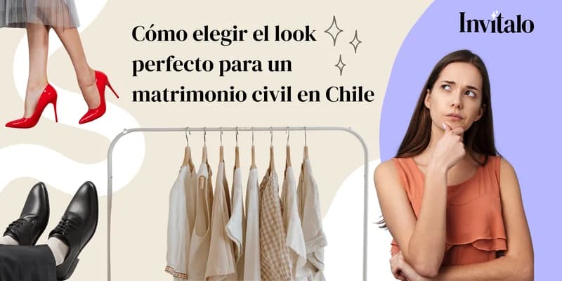 Collage sobre looks para matrimonio civil en Chile: mujer pensando, vestido elegante con zapatos rojos, zapatos de hombre elegante y tenidas beige en colgador, fondo beige, blanco y morado.