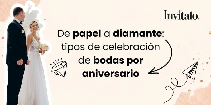 Pareja de novios sonriendo el día de su boda, junto al título "De papel a diamante: tipos de celebración de bodas por aniversario" con ilustraciones de un diamante y un avión de papel sobre fondo crema rosado.