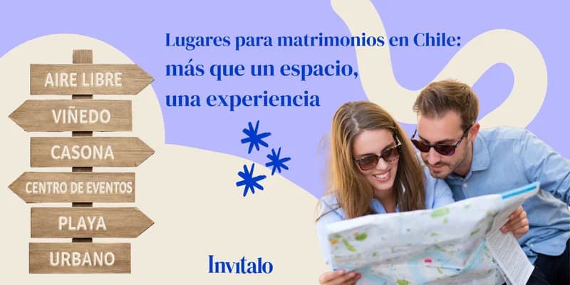pareja sonriente mirando un mapa, junto a un diseño gráfico que promociona lugares para matrimonios en Chile, con opciones como al aire libre, viñedo, casona, centro de eventos, playa y urbano. 