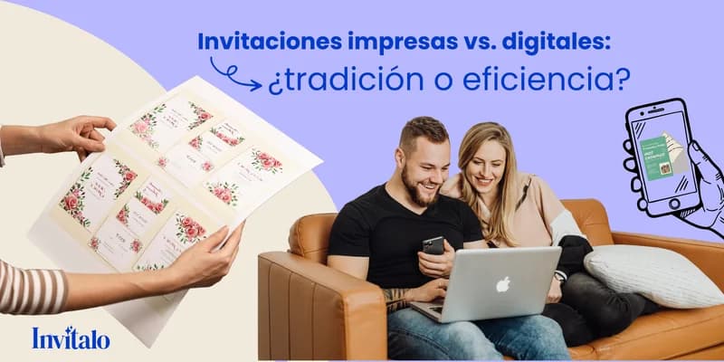 Imagen comparativa de invitaciones impresas y digitales. A la izquierda, manos sostienen invitaciones florales; a la derecha, una pareja revisa una invitación en laptop y móvil, destacando la tecnología.