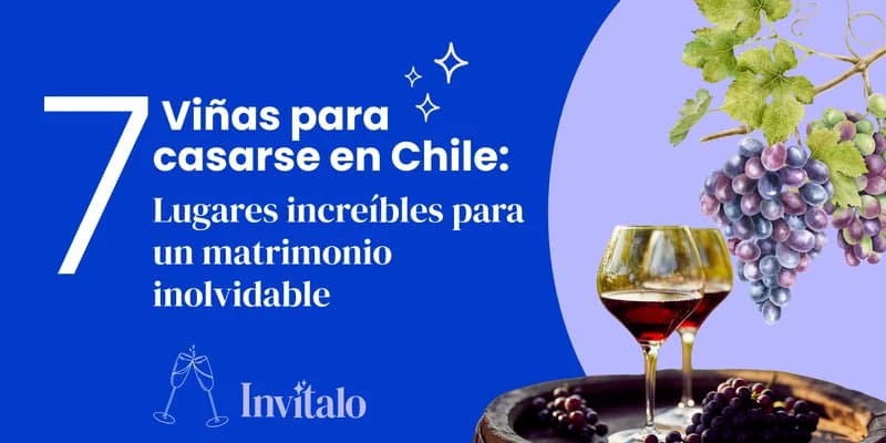Imagen promocional de 7 viñas para casarse en Chile, con copas de vino tinto y uvas, ideal para matrimonios en viñedos.