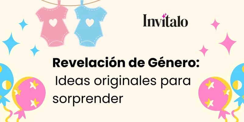 Ideas para revelación de género con decoración en tonos rosado y azul, globos y temática de bebé.