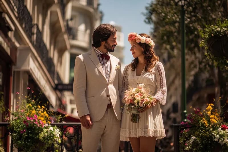 "Pareja de novios recién casados sonriendo en una calle pintoresca, representando la tranquilidad de organizar un matrimonio sin estrés con Invítalo.cl