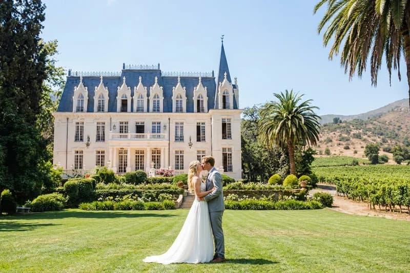 Pareja de novios besándose frente al palacio de Las Majadas de Pirque, uno de los centros de eventos top en Santiago