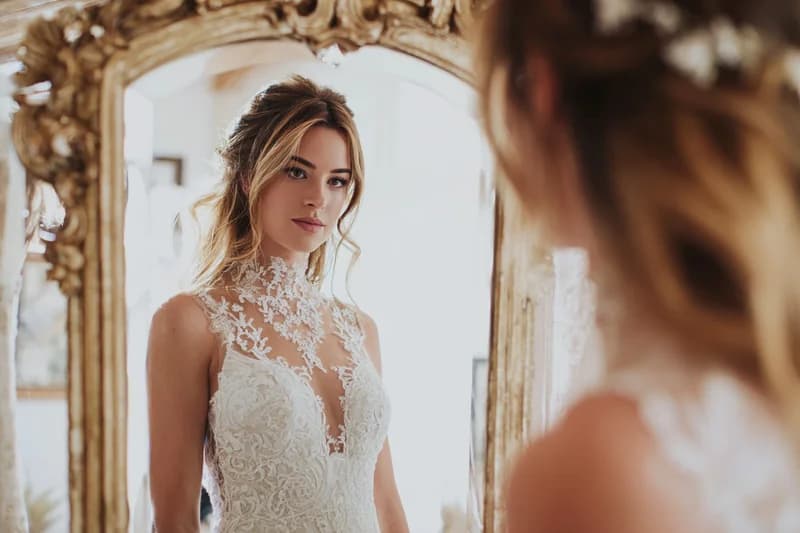 Novia probándose vestido de novia frente al espejo durante su búsqueda en 2026