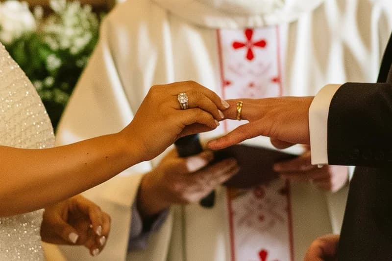 Novia colocando argolla de matrimonio en el dedo anular del novio durante ceremonia religiosa en Chile