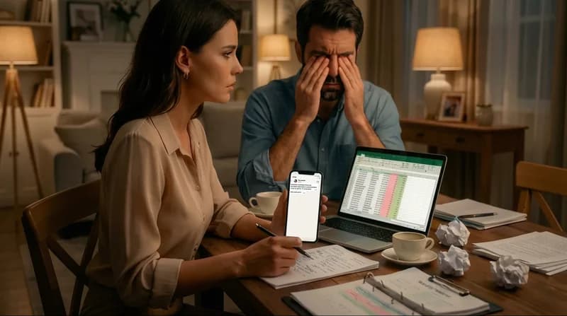 Pareja de novios estresada revisando una lista de invitados en Excel mientras reciben un mensaje de WhatsApp de cambios de última hora; la solución de confirmación de rsvp digital es Invitalo.cl