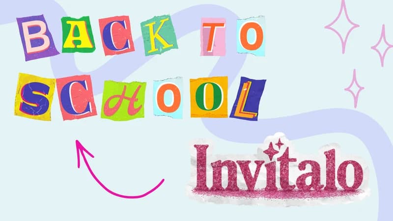 Diseño gráfico colorido con texto “Back to School” en letras tipo collage recortadas sobre fondo celeste con formas abstractas, estrellas decorativas y logo rosado de Invítalo en estilo glitter.