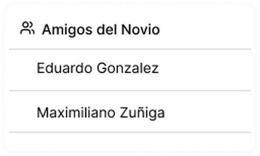 Lista de invitados agrupada por familia, amigos y trabajo