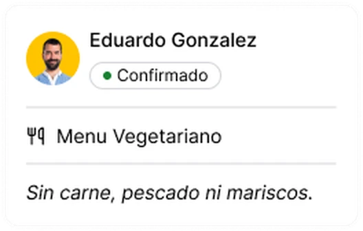 Ficha de invitado con acompañantes y notas de menú
