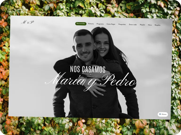 Invitación web de matrimonio de María y Pedro en blanco y negro