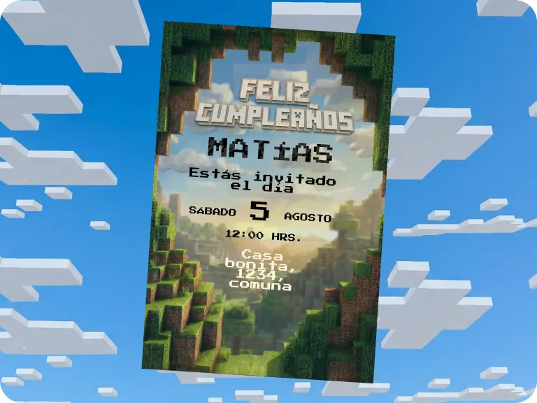 Invitación de cumpleaños inspirada en un videojuego de bloques para Matías