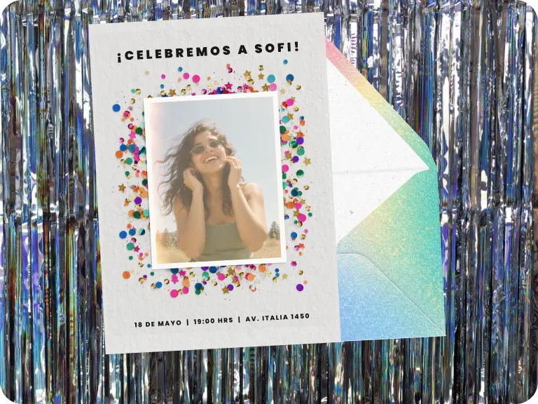 Invitación con confeti y foto para el cumpleaños 30 de Sofía